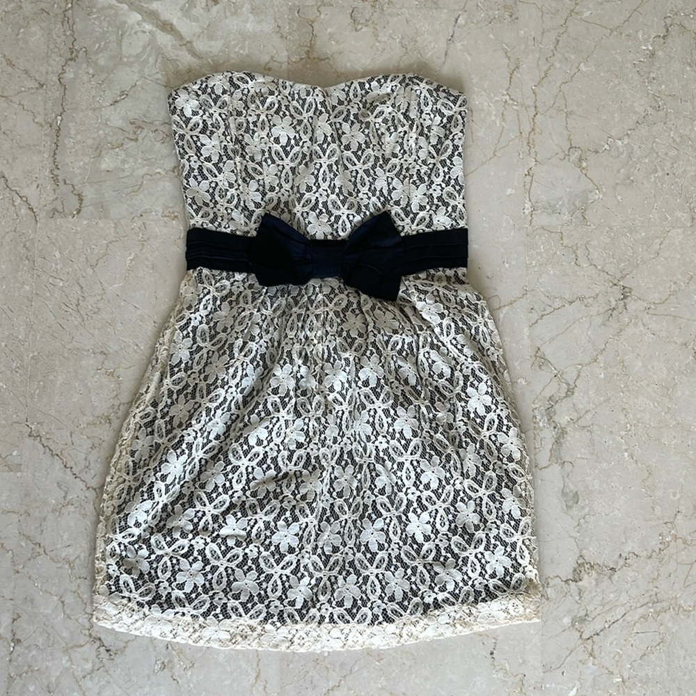 PaulnKC Lace Mini Strapless Dress with Black Bow Detail